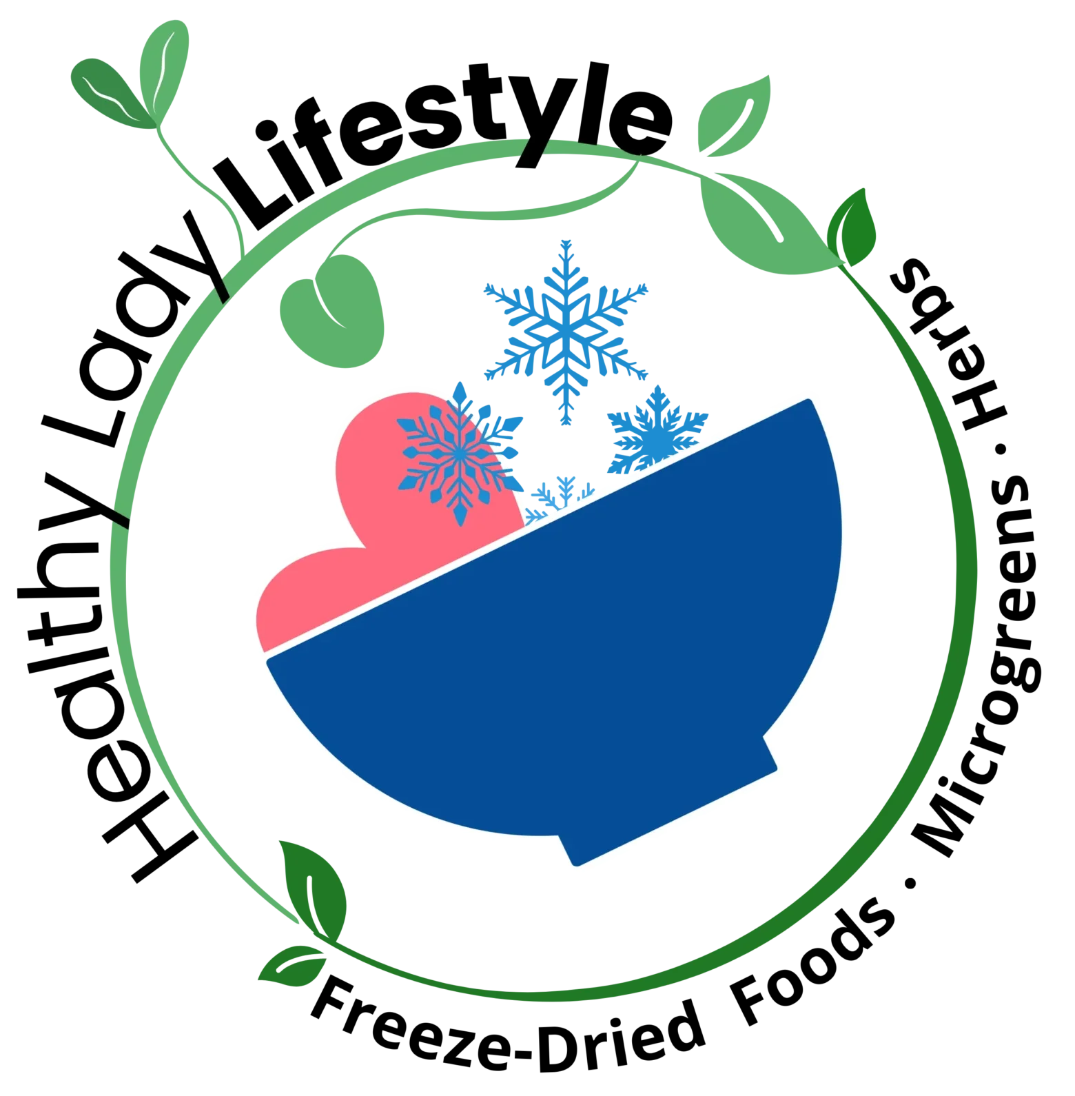 Healthy Lady Lifestyle logo featuring a blue bowl with pink hearts and blue snowflakes, encircled by a green vine with leaves.